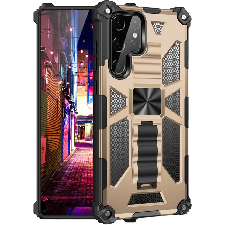 Military Grade Anti-Drop Scratch-Resistant Built-in Kickstand Hybrid Hard PC Soft TPU Phone Case for Samsung Galaxy S22 Ultra - Gold