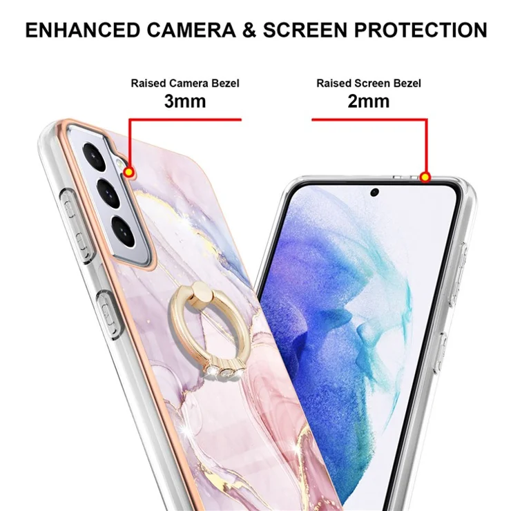 IMD IML Marble Pattern Drop-Resistant Electroplating Frame Phone Cover Kickstand Case for Samsung Galaxy S21 4G/5G - Rose Gold 005