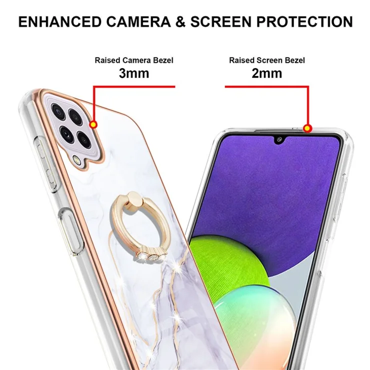 Kickstand Design Flexible TPU Cover Electroplating Frame IMD Marble Pattern IML Phone Case for Samsung Galaxy A22 4G (EU Version)/M32 (Global Version) - White 006