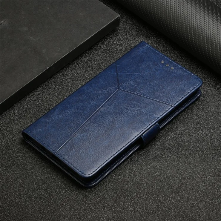 Y-shaped Line Imprinting Shock-absorbed PU Leather Phone Wallet Shell Stand Cover for Samsung Galaxy A22 5G (EU Version) - Blue