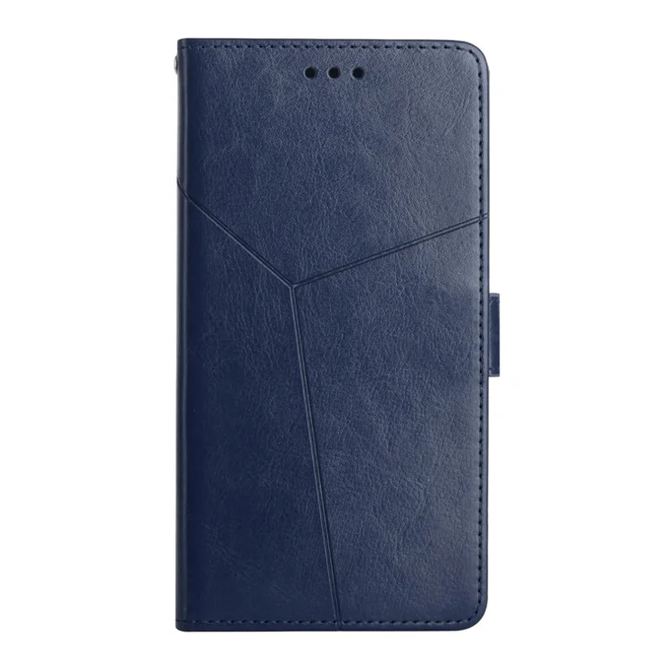 Y-shaped Line Imprinting Shock-absorbed PU Leather Phone Wallet Shell Stand Cover for Samsung Galaxy A22 5G (EU Version) - Blue