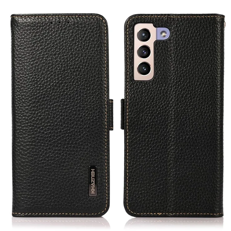 KHAZNEH RFID Blocking Anti-theft Swiping Litchi Texture Wallet Stand Shell Anti-drop Genuine Leather Phone Case for Samsung Galaxy S22+ 5G - Black