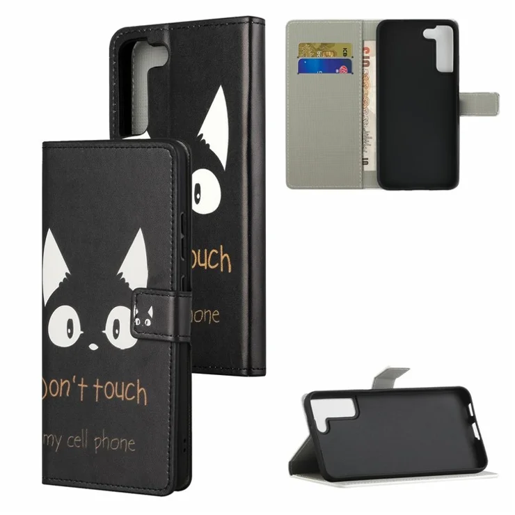 Magnetic Clasp Pattern Printing PU Leather Wallet Stand Phone Case Cover for Samsung Galaxy S22 5G - Don't Touch My Cell Phone
