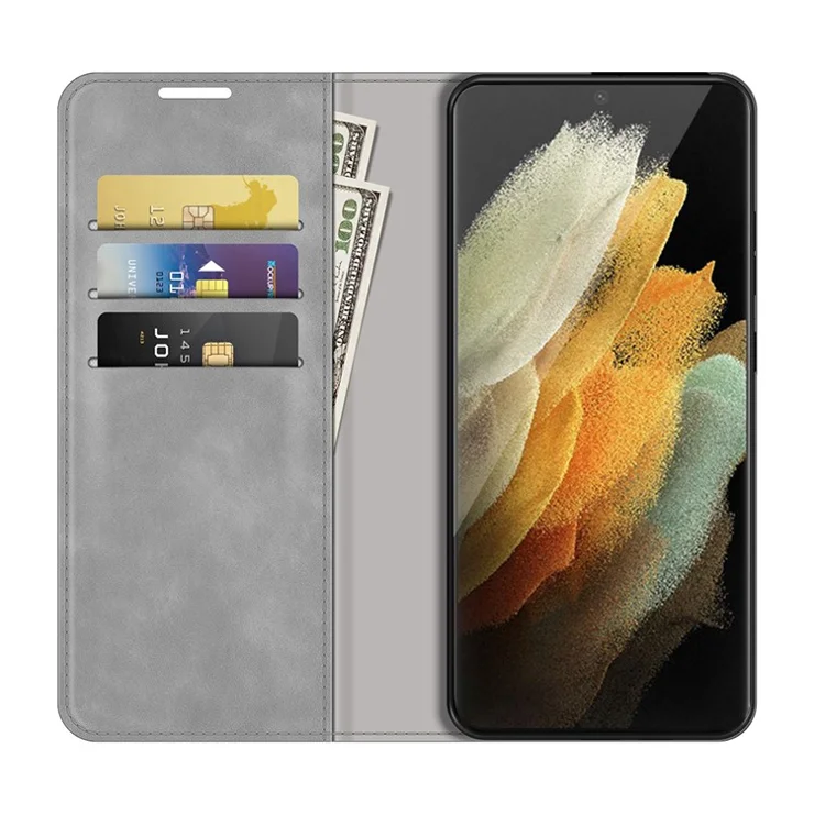 Automatic Magnet Closure Flip Phone Shell Stand Design Skin-Touch Super Leather Case Cover with Wallet for Samsung Galaxy S22 Ultra 5G - Grey