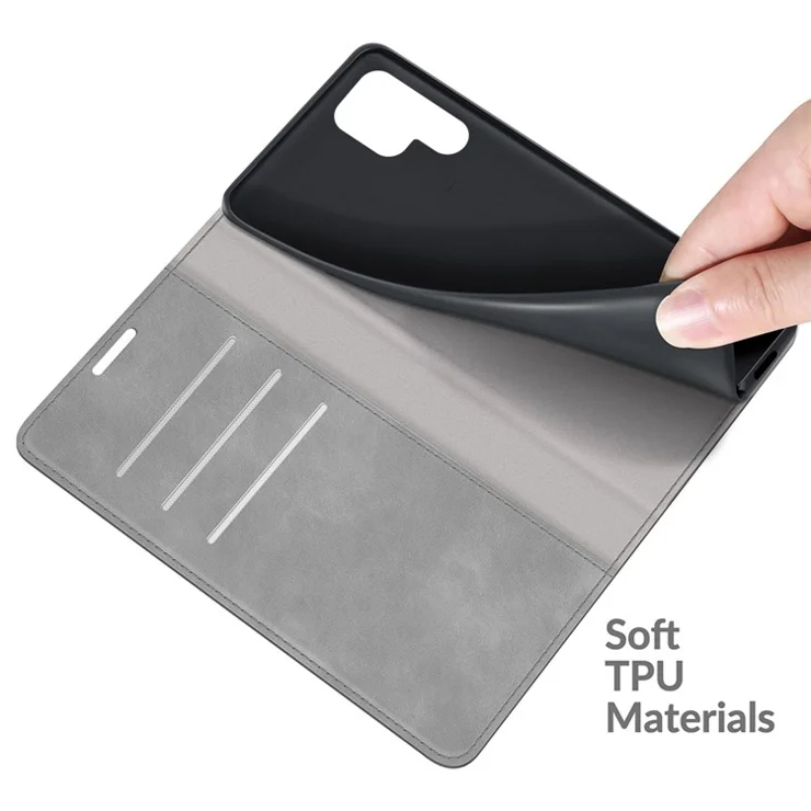 Automatic Magnet Closure Flip Phone Shell Stand Design Skin-Touch Super Leather Case Cover with Wallet for Samsung Galaxy S22 Ultra 5G - Grey