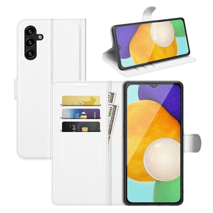 Folio Flip Magnetic Closure Litchi Texture PU Leather + Inner TPU Stand Wallet Cover for Samsung Galaxy A13 5G / A04s 4G (164.7 x 76.7 x 9.1 mm) - White