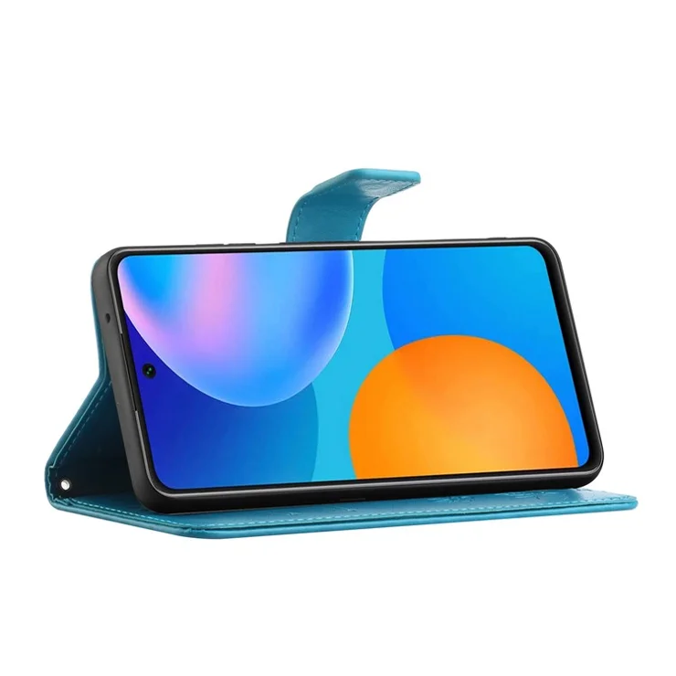 Butterfly Flower Imprinting Anti-Scratch Anti-Drop Leather Phone Wallet Stand Cover with Strap for Samsung Galaxy M52 5G - Blue