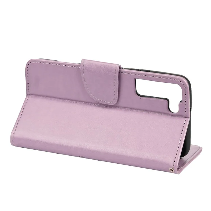 Imprinting Butterflies Flowers Shockproof Protective Leather Phone Case with Stand Wallet for Samsung Galaxy S22+ 5G - Light Purple