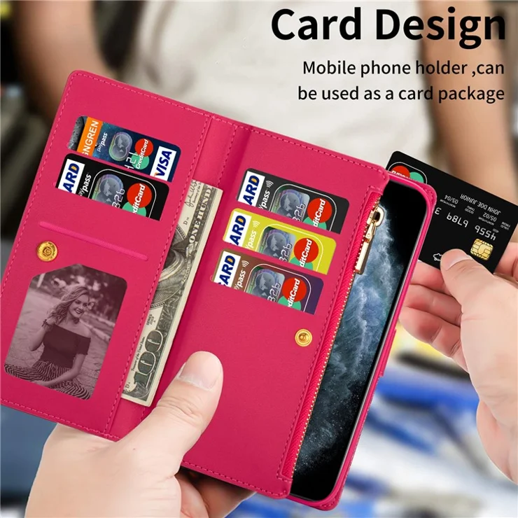 Glittery Starry Style Laser Carving Magnetic Closure Zipper Wallet Stand Protective Leather Phone Case for Samsung Galaxy Z Fold3 5G - Rose