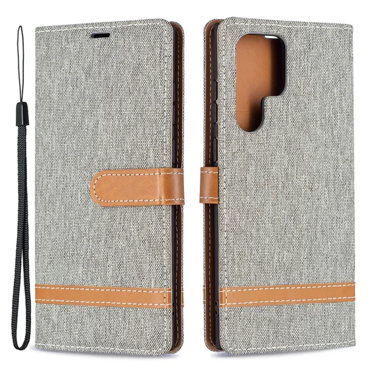 For Samsung Galaxy S22 Ultra 5G Fashionable Color Splicing Jeans Cloth Magnetic Clasp Anti-Drop Stand PU Leather Wallet Leather Phone Case - Grey