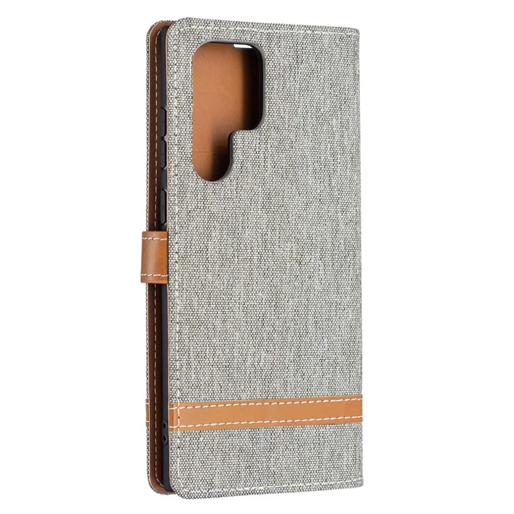 For Samsung Galaxy S22 Ultra 5G Fashionable Color Splicing Jeans Cloth Magnetic Clasp Anti-Drop Stand PU Leather Wallet Leather Phone Case - Grey