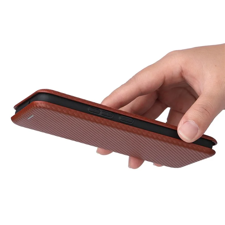 Carbon Fiber Texture Auto-absorbed Magnetic Closure Leather Stand Phone Case with Card Slot for Samsung Galaxy S22 5G - Orange