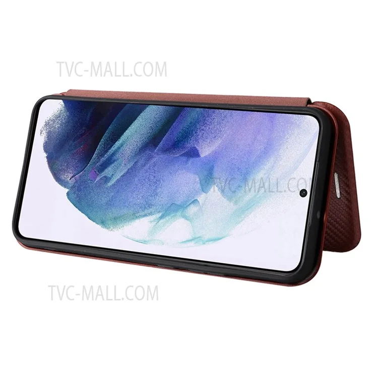 Carbon Fiber Texture PU Leather Phone Case Auto-absorbed Magnetic Closure Stand Flip Cover with Ring Strap for Samsung Galaxy S22+ 5G - Orange