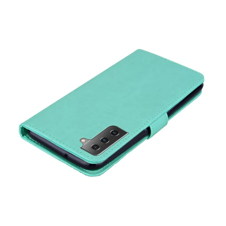 Owl Flower Imprinted Design PU Leather Wallet Stand Flip Case with Rhinestone Decor and Strap for Samsung Galaxy S22 5G - Cyan