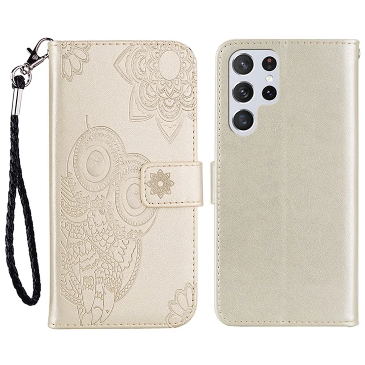 Flip Phone Case Stylish Imprinted Owl Flower Pattern Leather Wallet Shell for Samsung Galaxy S22 Ultra 5G - Gold