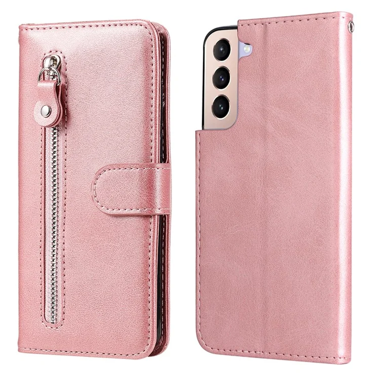 PU Leather Flip Case Zipper Pocket Design Wallet Phone Covering Shell for Samsung Galaxy S22+ 5G - Rose Gold