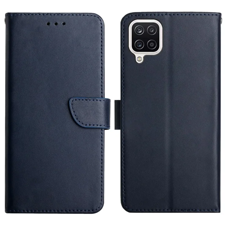 Nappa Texture Anti-fingerprint Shockproof Genuine Leather Wallet Stand Protective Phone Case for Samsung Galaxy A12/M12 - Blue
