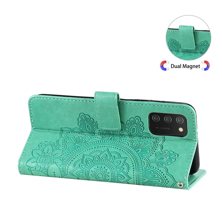 Flip Case Imprinted Flower Pattern TPU+PU Leather Stand Wallet Cover with Lanyard for Samsung Galaxy A03s (164.2 x 75.9 x 9.1mm) - Green