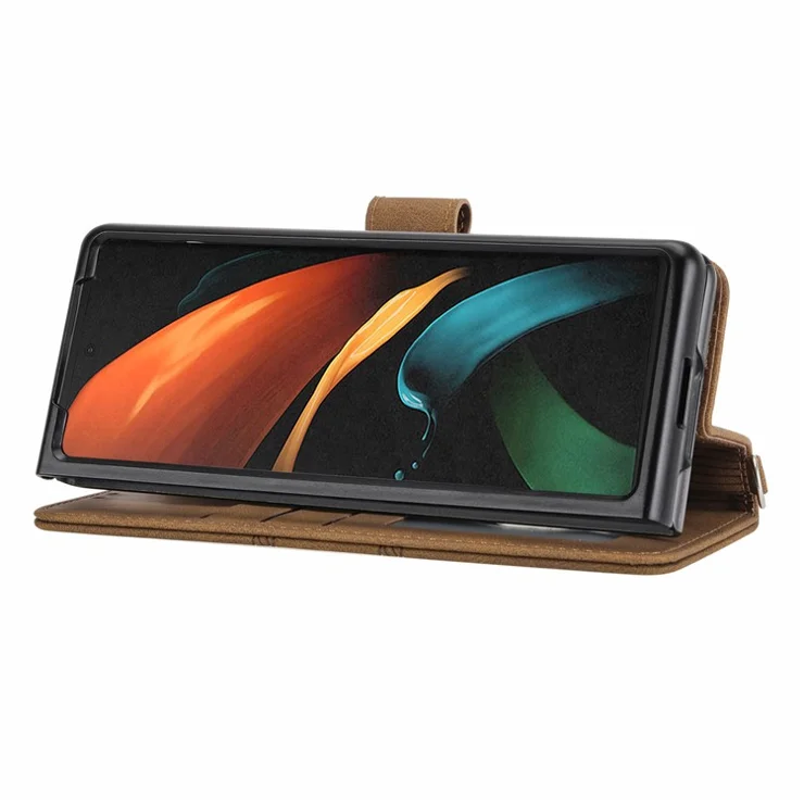 For Samsung Galaxy Z Fold2 5G Practical Wallet Card Slots Phone Flip Case Imprinted Pattern Anti-Scratch Stylish PU Leather+TPU Phone Cover with Stand - Brown