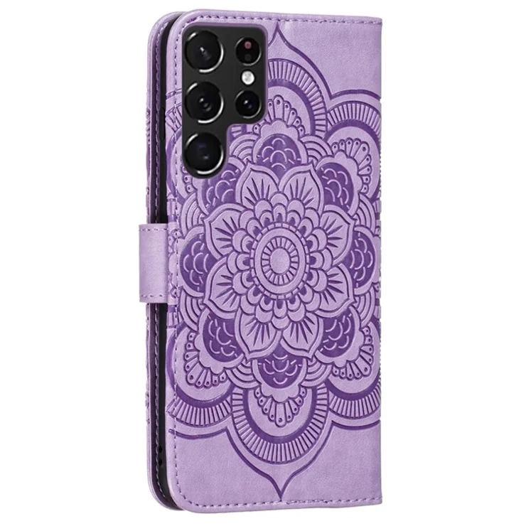 Imprinting Mandala Flower Horizontal Flip PU Leather Case Stand Wallet Phone Cover with Strap for Samsung Galaxy S22 Ultra 5G - Purple