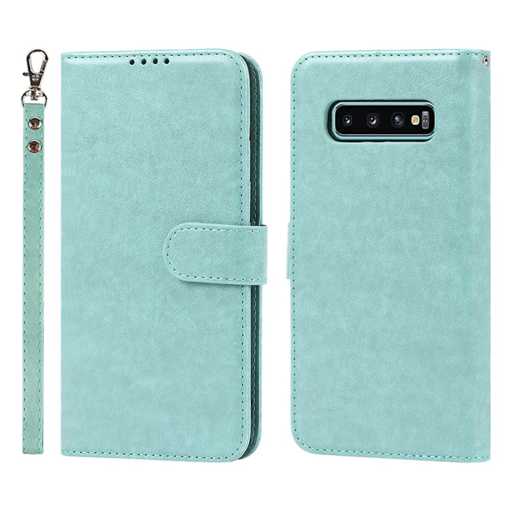 R61 Texture Felled Seam Phone Case Wrist Strap Anti-drop PU Leather Wallet Cover with Stand for Samsung Galaxy S10 - Light Green