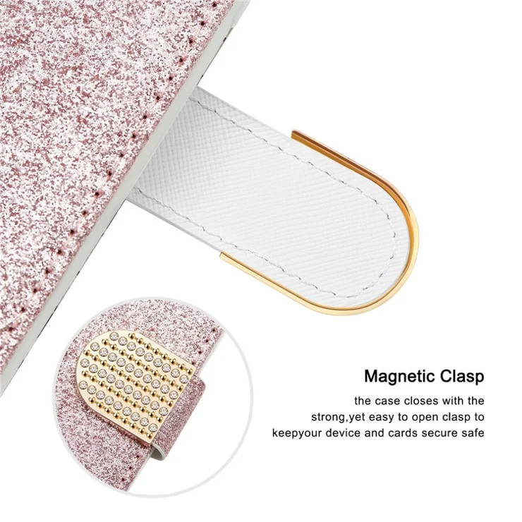 360-Degree Protective Crocodile Texture Glittery Powder Splicing Leather Wallet Case for Samsung Galaxy S22 5G - Rose Gold