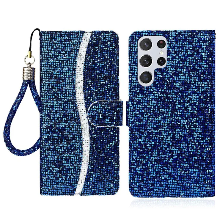 Fashionable Glittery Powder Wallet Phone Cover Leather Phone Protective Phone Case with Stand for Samsung Galaxy S22 Ultra 5G - Blue