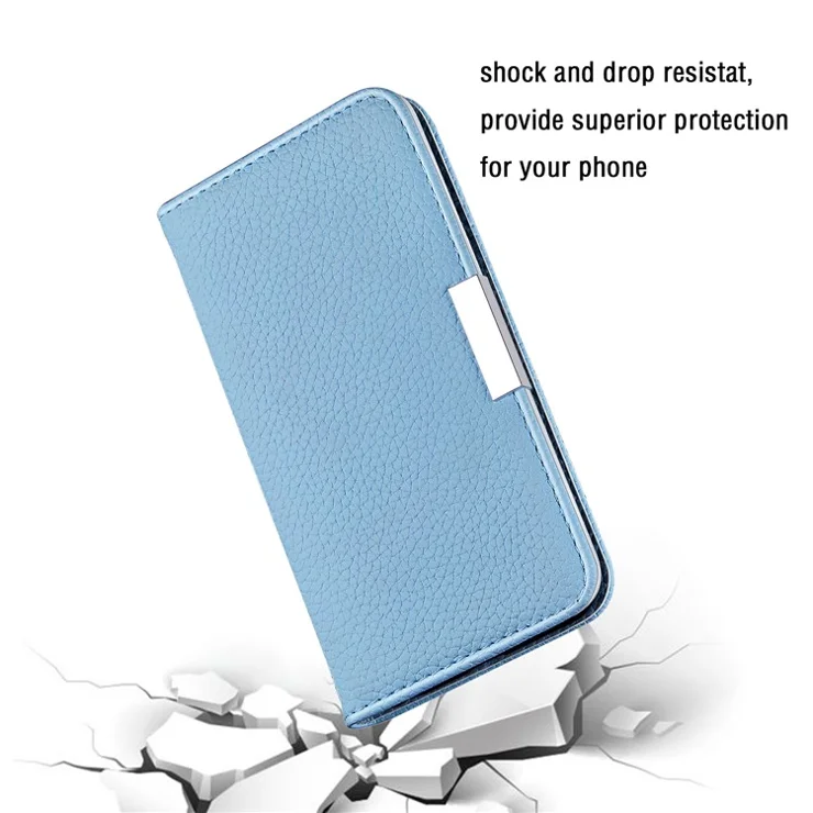 Litchi Skin Metal Buckle Automatic Closing Shockproof Anti-drop Leather Case Cover with Card Holder for Samsung Galaxy S22 5G - Blue