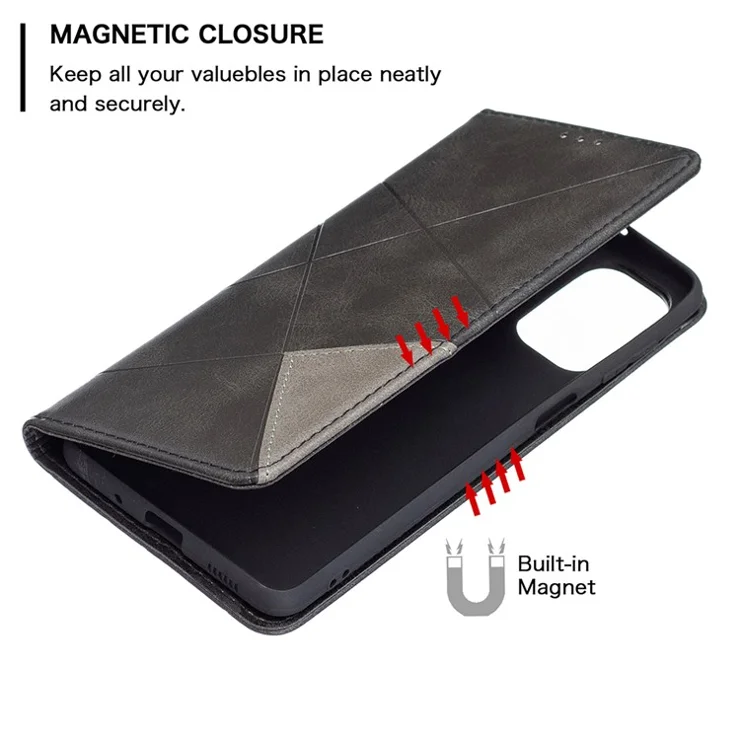 Card Slots Phone Cover Imprinting Rhombus-Like Pattern Design Leather Stand Phone Case Cover for Samsung Galaxy M52 5G - Black