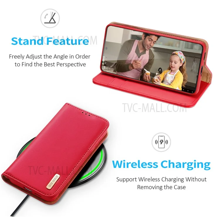 DUX DUCIS Hivo Series RFID Blocking Design Split Leather Wallet Stand Drop-proof Flip Phone Case Cover for Samsung Galaxy S22 5G - Red