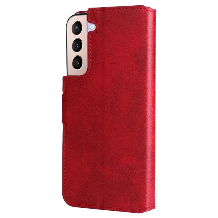 Classic Stand Folio Flip Cover PU Leather Scratch-resistant Well-protected Wallet Phone Case for Samsung Galaxy S22 5G - Red
