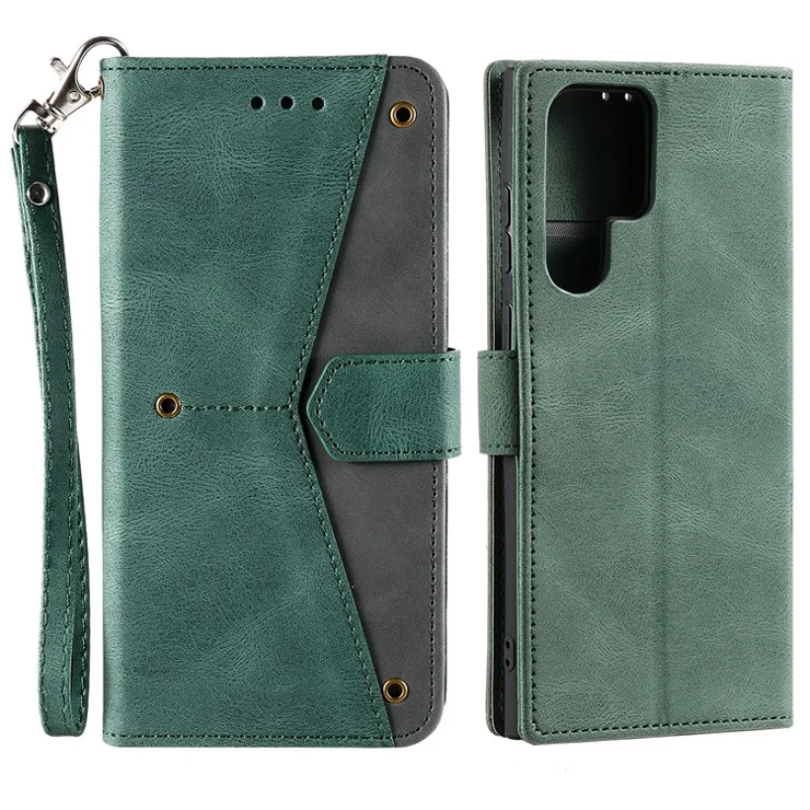 For Samsung Galaxy S22 Ultra 5G Wrist Strap Cover Skin-touch Splicing PU Leather and TPU Protective Phone Case with Stand and Wallet - Green