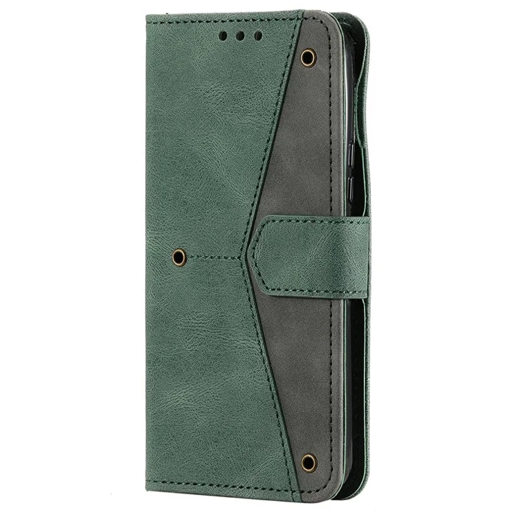 Full Protection Cover Skin-touch Splicing PU Leather and TPU Phone Flip Case with Stand and Wallet for Samsung Galaxy S22 5G - Green