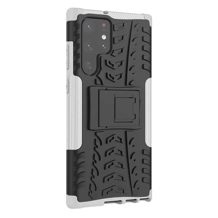For Samsung Galaxy S22 Ultra 5G Anti-scratch Anti-drop Tire Texture Soft TPU + Hard PC Double Protection Phone Case with Kickstand - White