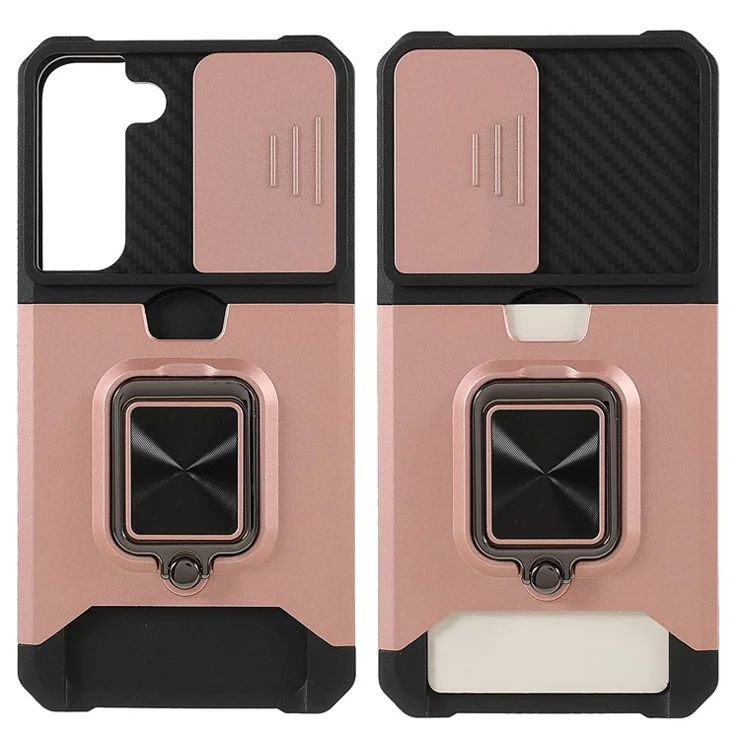 PC + TPU Phone Case with Card Holder and Kickstand + Built-in Magnetic Metal Plate + Camera Slider Drop-Resistant Phone Cover for Samsung Galaxy S22 5G - Rose Gold