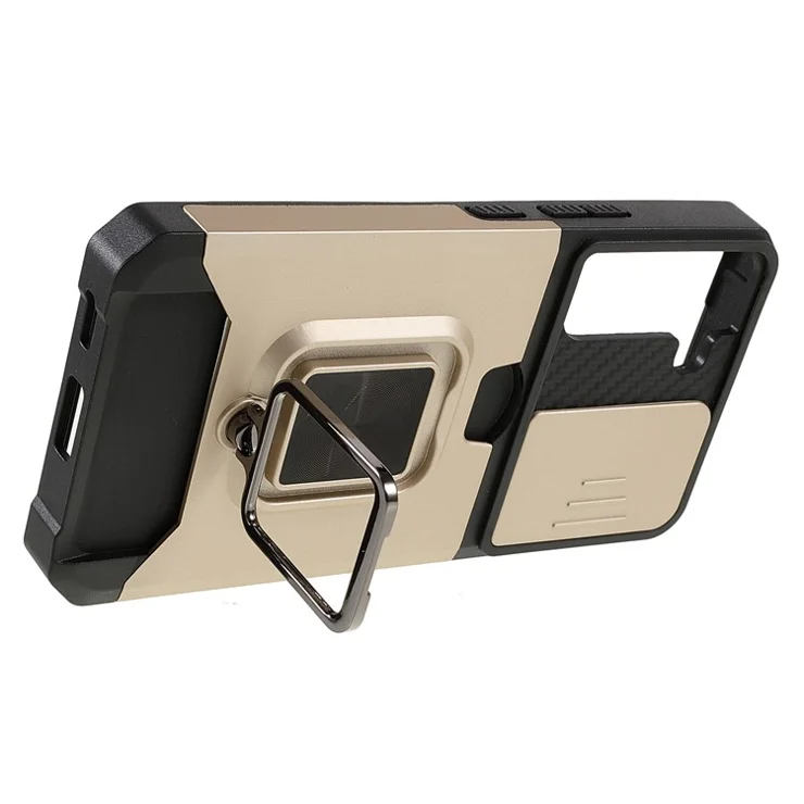 PC + TPU Phone Case with Card Holder and Kickstand + Built-in Magnetic Metal Plate + Camera Slider Drop-Resistant Phone Cover for Samsung Galaxy S22 5G - Gold