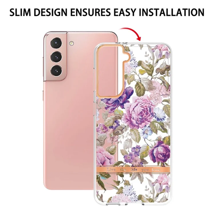 IML IMD Fashionable Mobile Phone Cover Flower Letter Design Anti-scratch Electroplating TPU Phone Case for Samsung Galaxy S21 4G/5G - HC006 Purple Peony