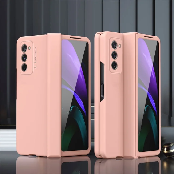 Full Protection Hinge Design Hard PC Folding Phone Case Cover with Glass Screen Protector for Samsung Galaxy Z Fold2 5G - Pink