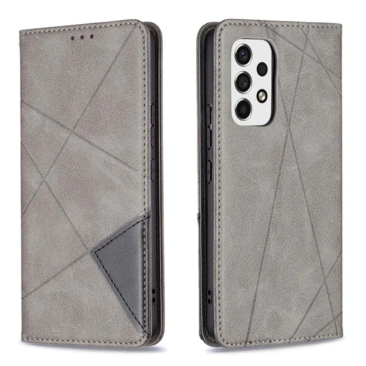 Fully-Wrapped Rhombus-Like Imprinted Magnetic Closure Card Slots Design Leather Phone Case with Stand for Samsung Galaxy A53 5G - Grey
