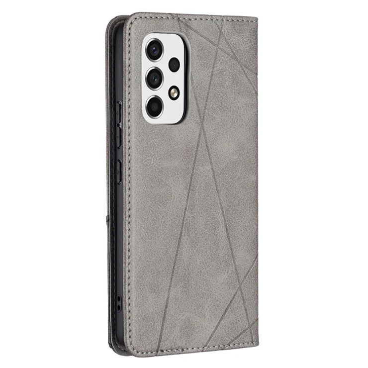 Fully-Wrapped Rhombus-Like Imprinted Magnetic Closure Card Slots Design Leather Phone Case with Stand for Samsung Galaxy A53 5G - Grey