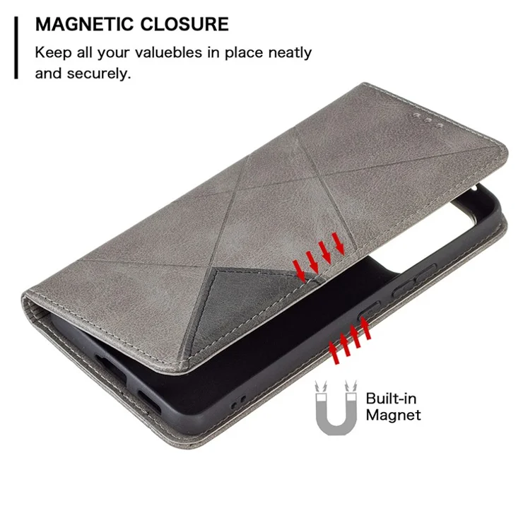 Fully-Wrapped Rhombus-Like Imprinted Magnetic Closure Card Slots Design Leather Phone Case with Stand for Samsung Galaxy A53 5G - Grey