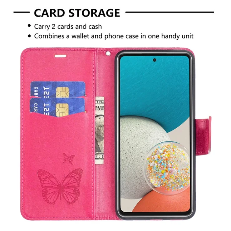 Multiple Butterfly Imprinted PU Leather Flip Folio Cover Wallet Stand Shockproof Protective Cover with Strap for Samsung Galaxy A53 5G - Rose