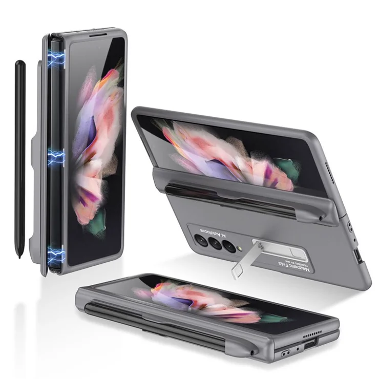 GKK Full Protection Magnetic Absorption Hinge Hard PC Folding Phone Case Cover with Kickstand and Pen Slot for Samsung Galaxy Z Fold3 5G - Grey