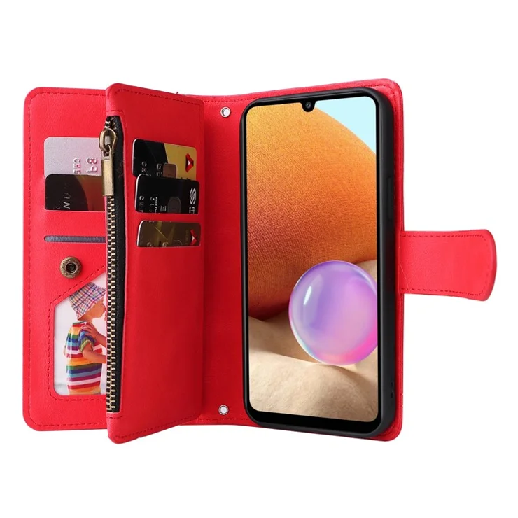 Stripes Imprinted Skin-touch Wallet Stand Leather Cover with Tree Pattern Hardware Card Slots Zipper Pocket Phone Case for Samsung Galaxy A32 4G (EU Version) - Red