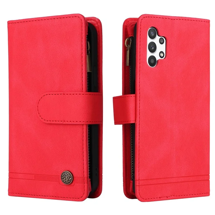 Stripes Imprinted Solid Color Skin-touch Wallet Stand Leather Cover Card Slots Phone Case with Zipper Pocket for Samsung Galaxy A32 5G/M32 5G - Red