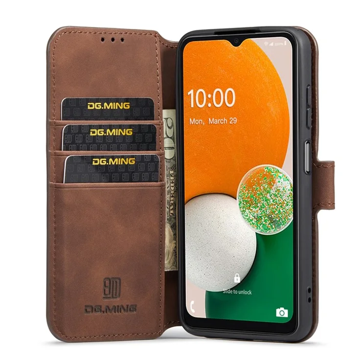 DG.MING Retro Leather Case Drop-resistant Stand Wallet Folio Flip Phone Cover for Samsung Galaxy A13 4G - Coffee