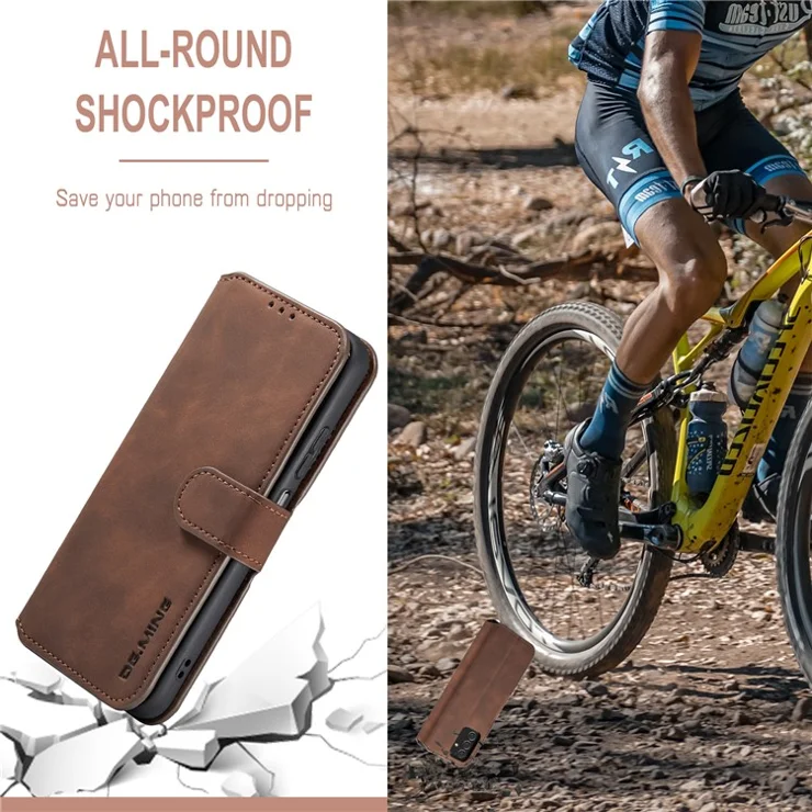 DG.MING Retro Leather Case Drop-resistant Stand Wallet Folio Flip Phone Cover for Samsung Galaxy A13 4G - Coffee