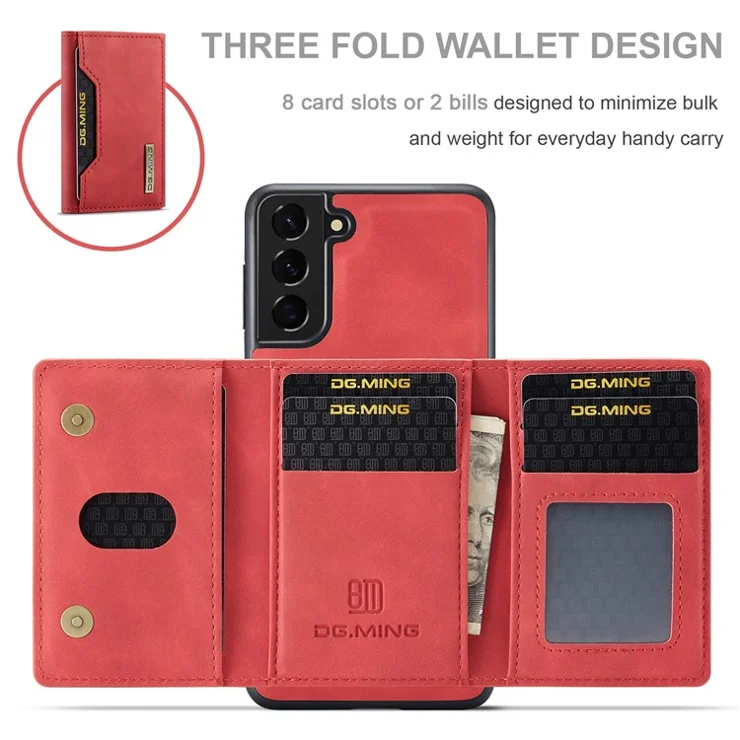 DG.MING M2 Series for Samsung Galaxy S22 5G Magnetic 2-in-1 Wallet Shockproof Phone Case Support Wireless Charging Shell - Red