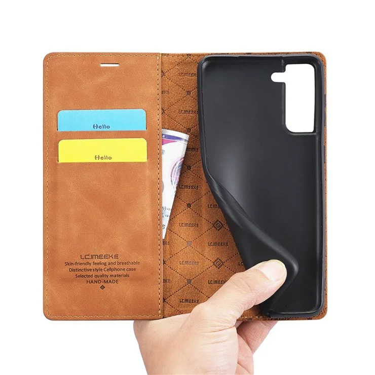 LC.IMEEKE Wallet Phone Case for Samsung Galaxy S22+ 5G, Strong Magnetic Auto Closing PU Leather Flip Stand Cover - Brown