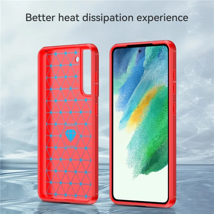 Heat Dissipation TPU Case for Samsung Galaxy S21 FE 5G / S21 Fan Edition, 1.8mm Brushed Surface Carbon Fiber Texture Soft Back Protective Cover - Red